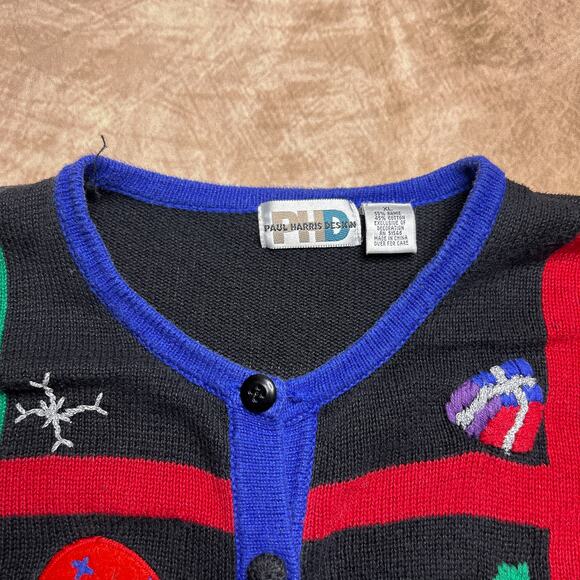 Vintage 90s Paul Harris Design Embroidered Patchwork Christmas Holiday Cardigan - Picture 5 of 8